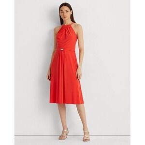 Lauren Ralph Lauren Jersey Halter Sleeveless Dress 10 Coral/Red NWT $155‎